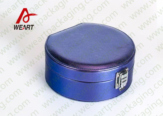 Caixa-presente de cosméticos azul redondo com botão de metal, embalagem de cartão cosmético dentro de material de veludo preto